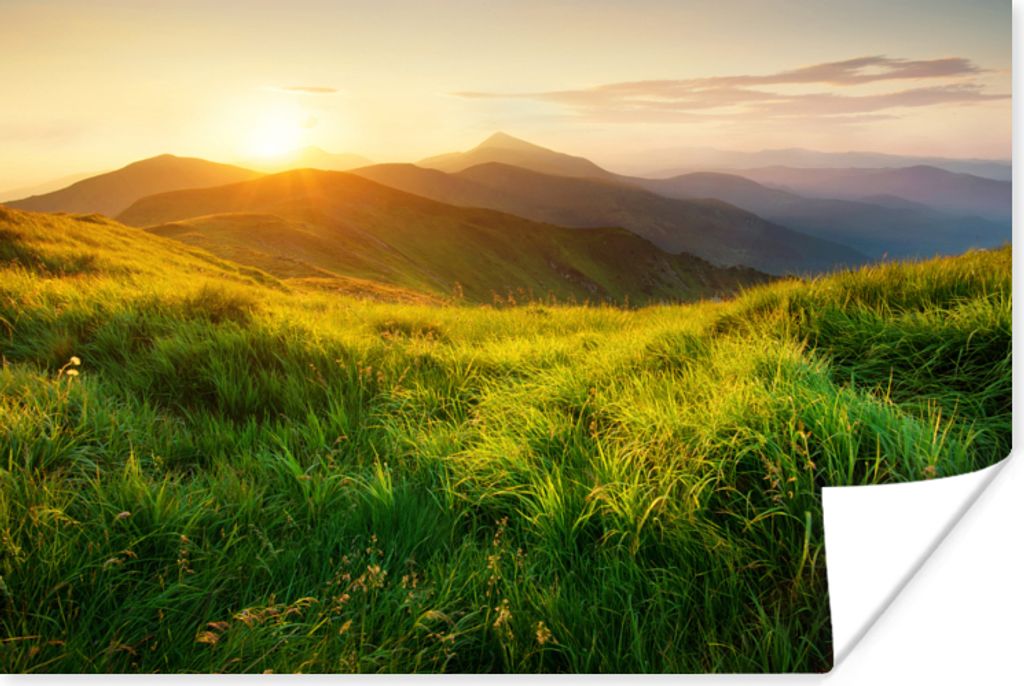 MuchoWow Poster Gras - Hügel - Sonne - Natur - Landschaft 120x80 cm - Bilder