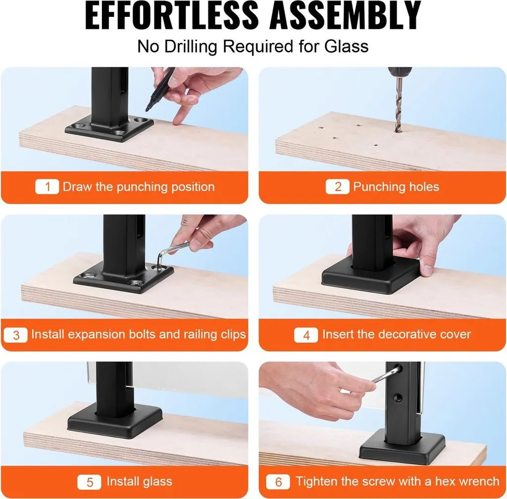 Support de balustrade carré noir : pack de 4 fixations de verre