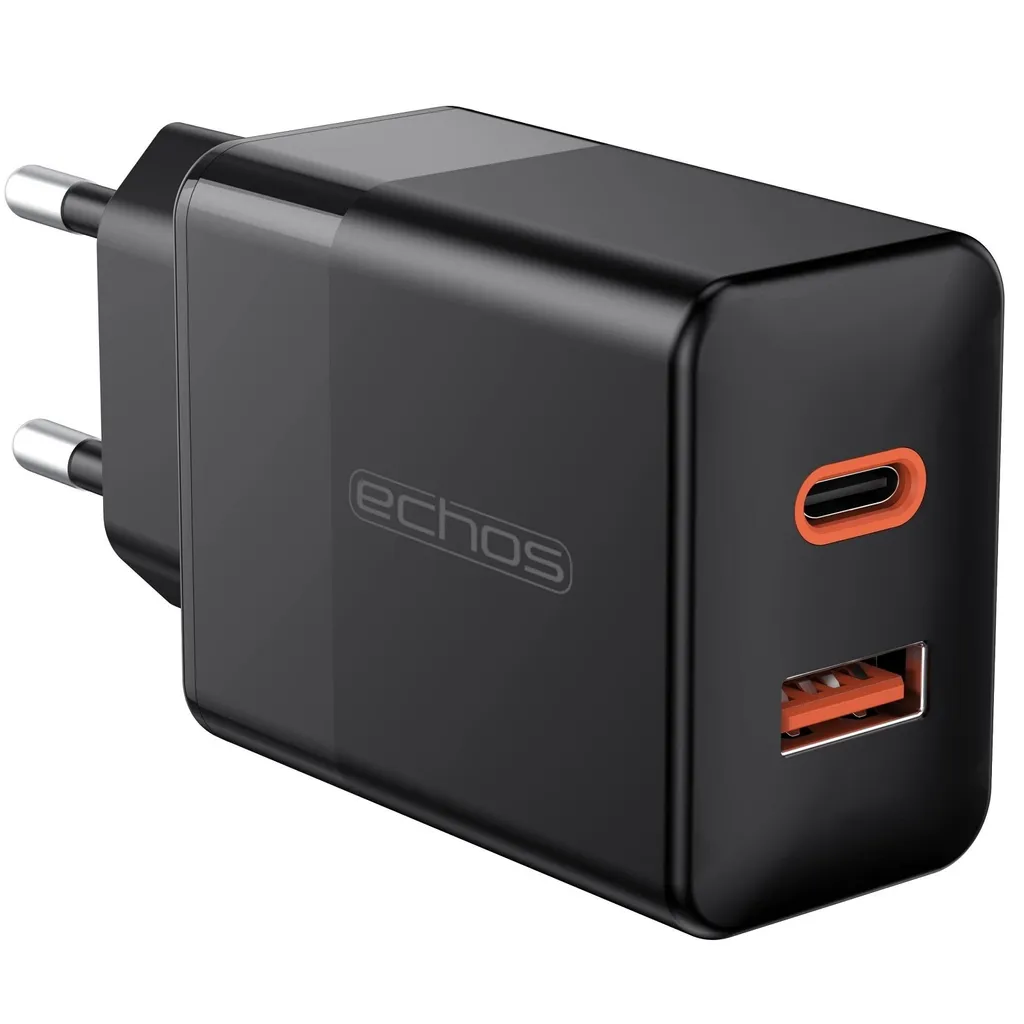 Caricatore rapido Echos 33W doppia porta USB-C + USB-A | QC3.0, PD e PPS | Compatibilità molto ampia | Compatibile con Apple iPhone 12/13/14, Samsung Galaxy S20/21/22, Google Pixel e molti altri. | Nero