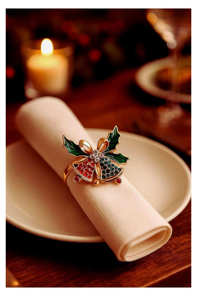 Serviettenringe mit Glocken und Schleife – Festliche Serviettenhalter mit Strass, Elegante Tischdekoration für Weihnachtsessen, Advent und Silve...