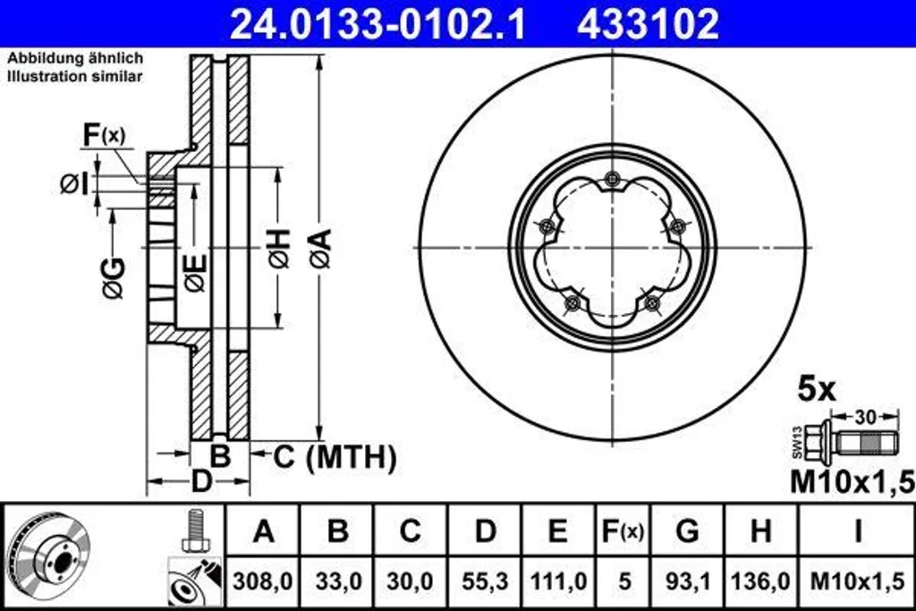 Disque de frein ATE 24.0133-0102.1 pour Tourneo Transit - OE 1842633
