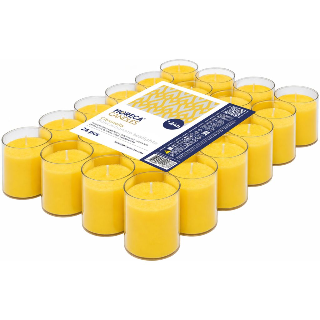 HORECA CANDLES Citronella Teelichter 24 Stück – Gelb in transparenter Kunststoffhülle, 24h Brenndauer, Duftkerzen für Balkon & Outdoor