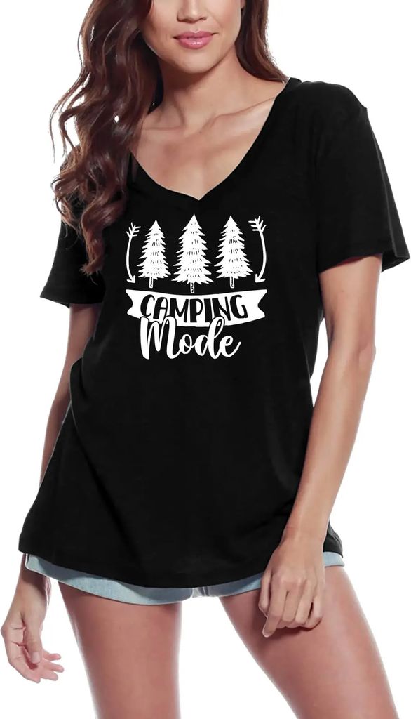 Damen Grafik T-Shirt V-Ausschnitt Camping-Modus camp – Camping Mode Camp – Öko-Verantwortlich Vintage Jahrgang Kurzarm Lustige Druck Geburtstag