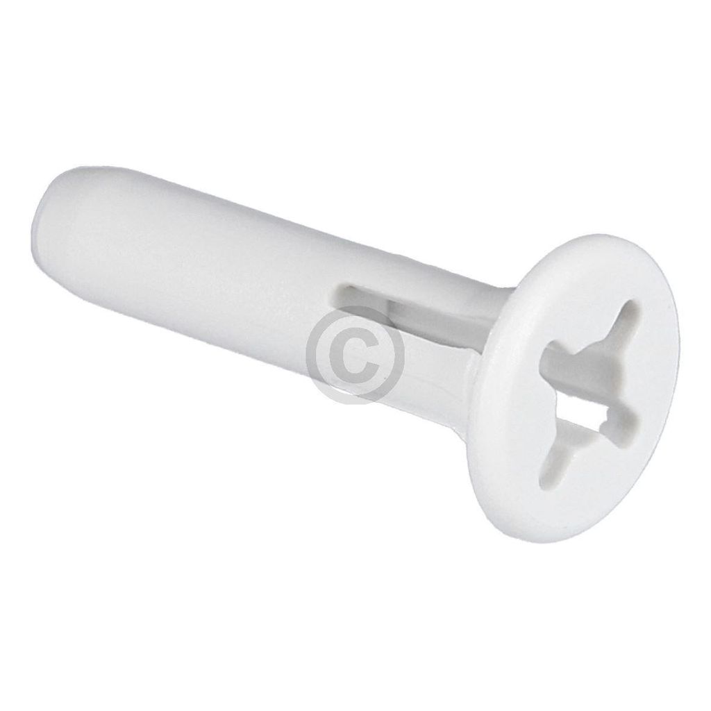 A white plastic anchor with a flange and cross-shaped opening on a white background.