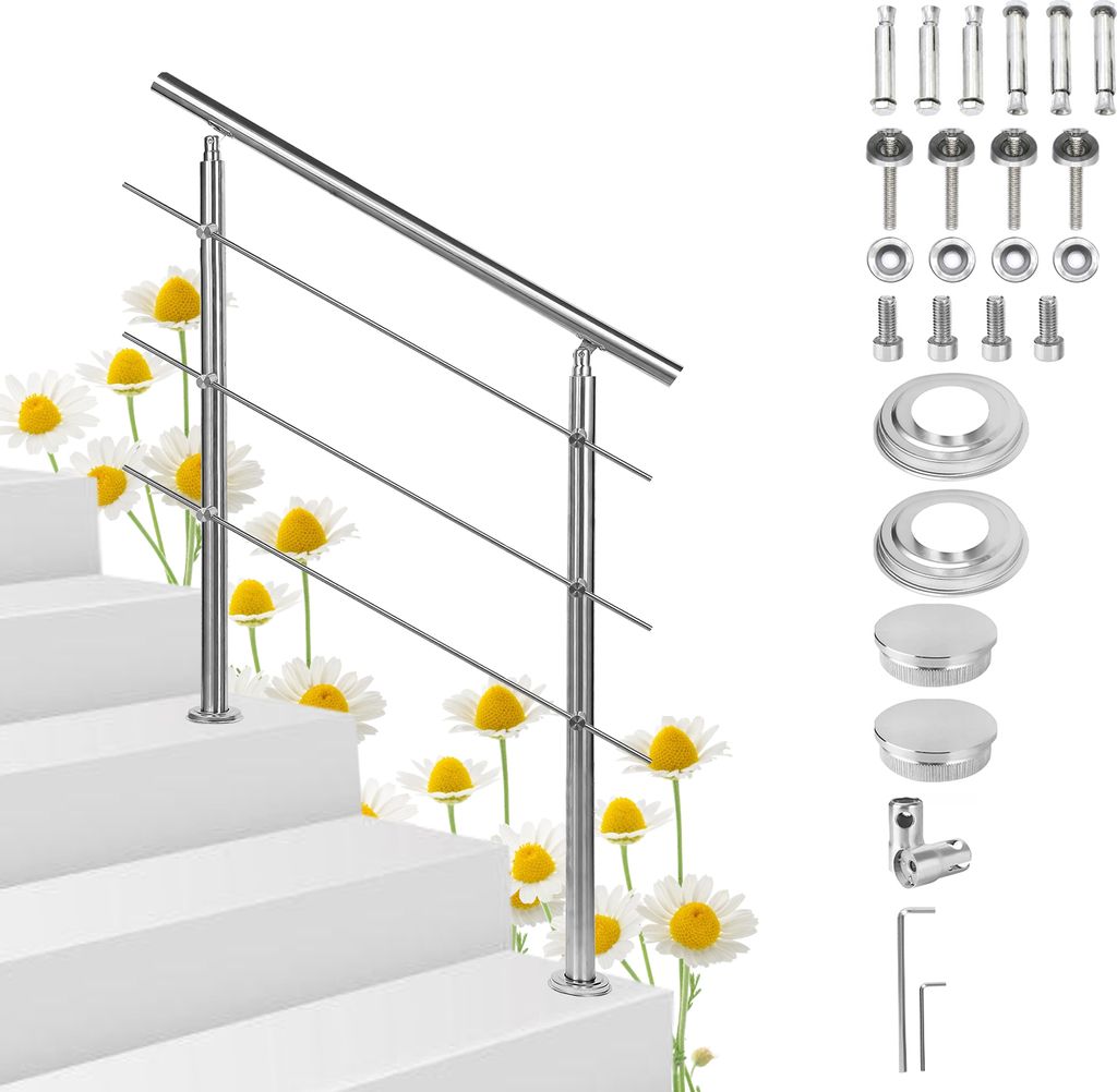 Hebitod Geländer Edelstahl Handlauf Treppengeländer für Balkon Treppen Innen und Außen 160cm (3 Querstreben)