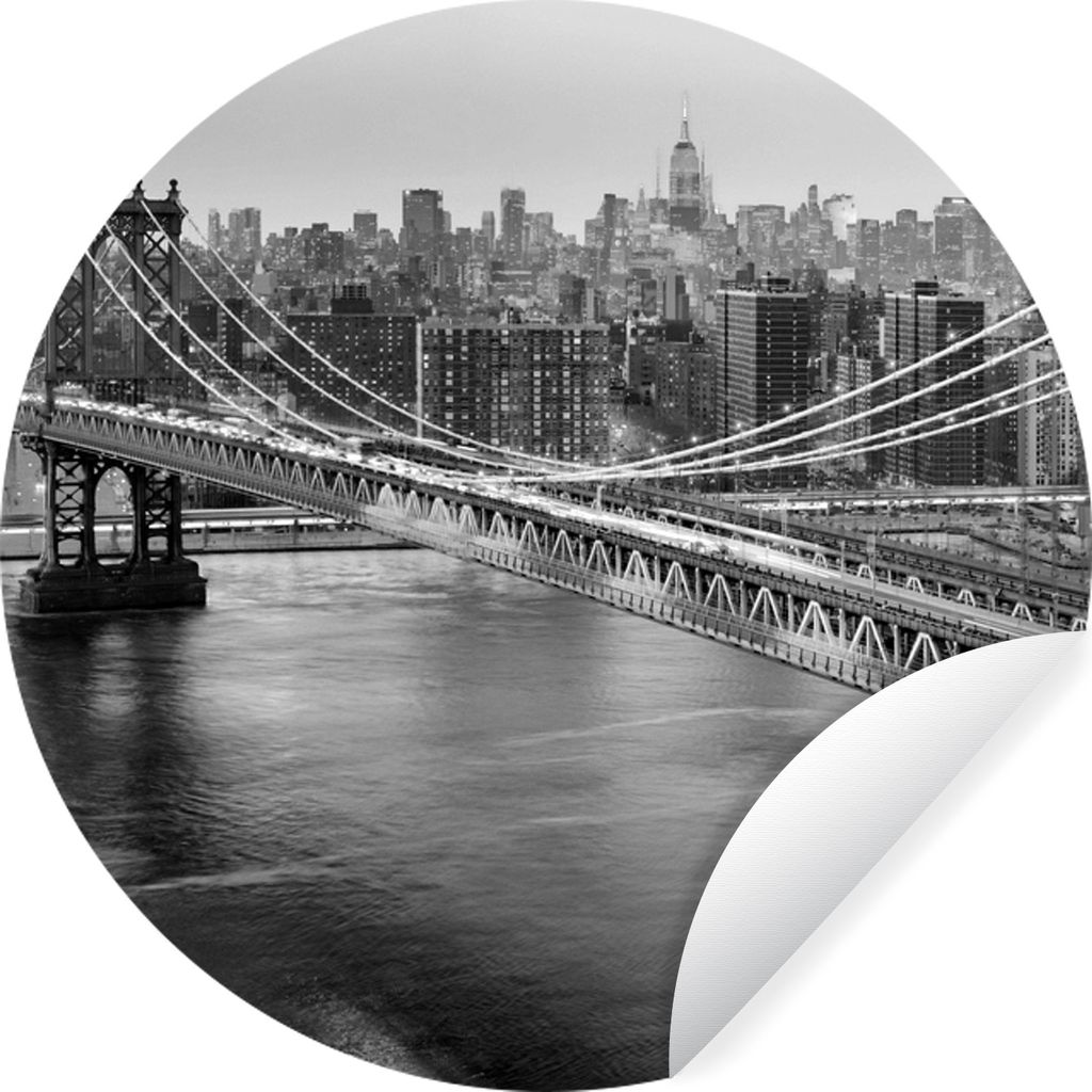 MuchoWow Runde Wandtattoo - Wandsticker Tapete Aufkleber Die Brooklyn Bridge bei Sonnenuntergang - schwarz und weiß Ø 80 cm Selbstklebend und R...