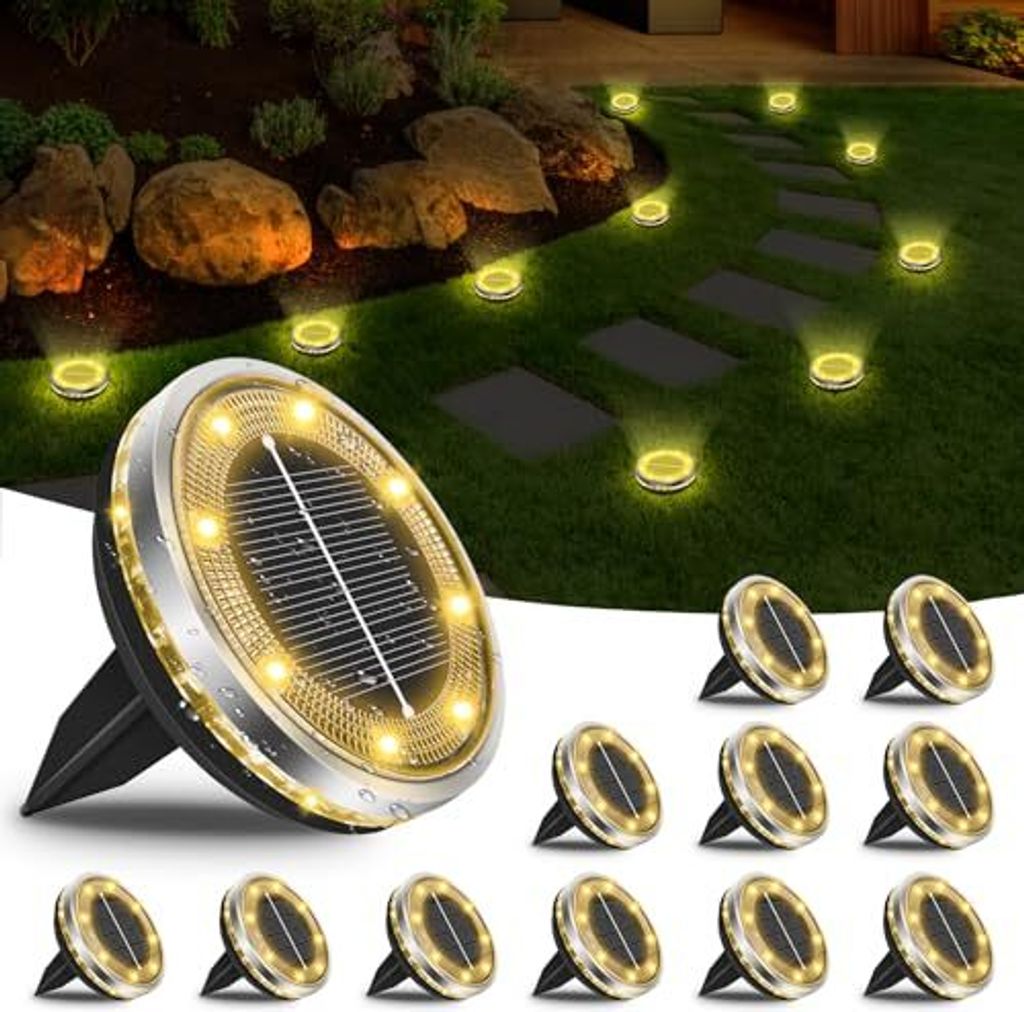Pack 12 Solarbodenleuchten im Freien, IP65 wasserdichte LEDs, Gartenbeleuchtung, Upgrade -Panel, warme weiße Lichtergarten, Rasen, Gehweg, Terrass...