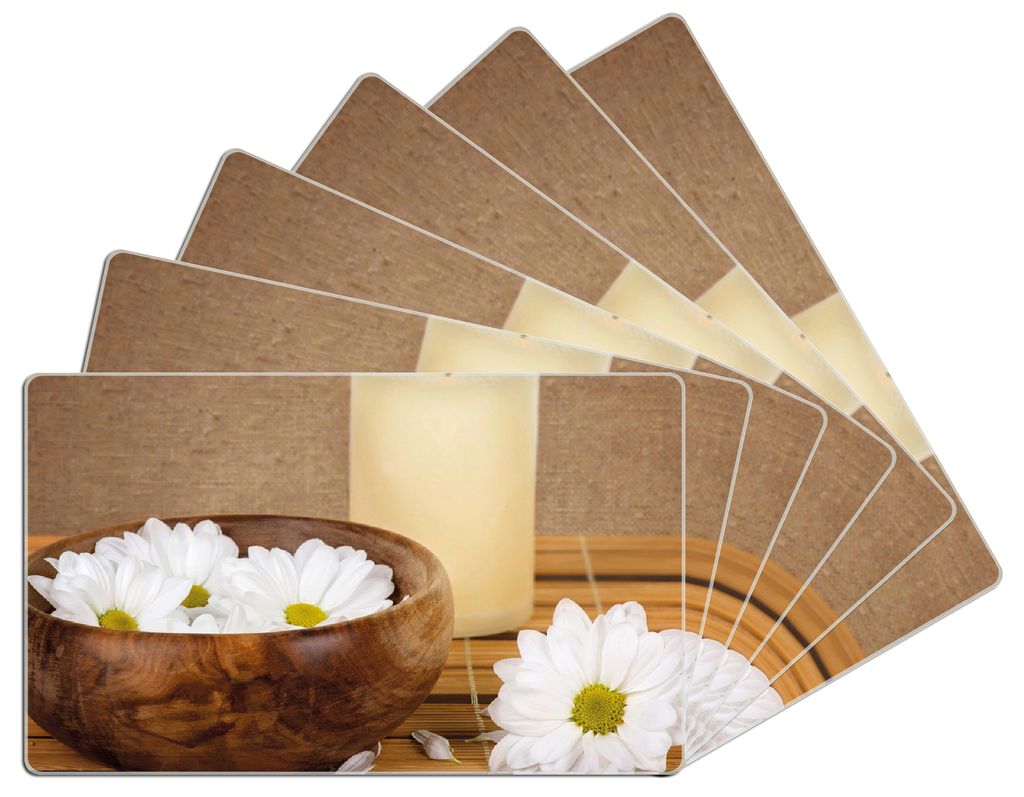 Wallario Frühstücksbrettchen 6er Set aus Glas, je 14 x 23 cm, mit rutschfesten Füßen, Motiv Stillleben - Kerzen und Blumenblüten in Holzschale