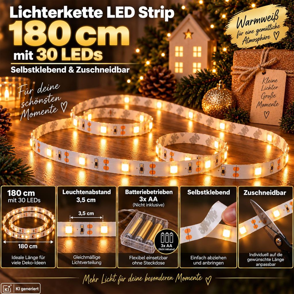 LED Strip Lichterkette 180cm 30 LED Warmweiß Selbstklebend Produktbild 