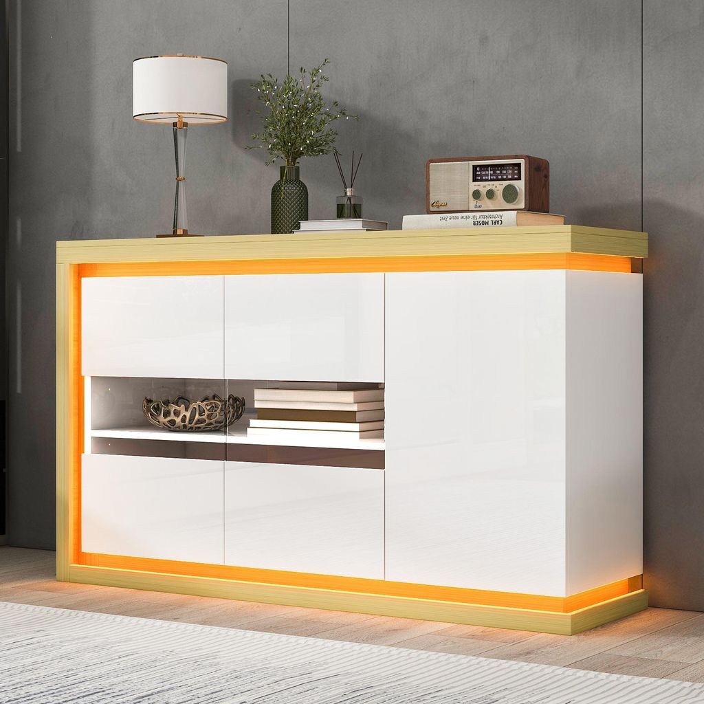 MODFU Sideboard Aufbewahrungsschrankmit Glastüren Hochglanz Produktbild 