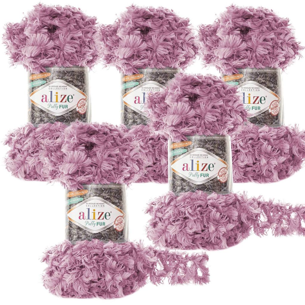 5 x 100g Strickgarn ALIZE Puffy Fur Uni, Fransenstrickgarn Fingerstrick-Wolle ohne Nadel Farbwahl, Farbe:6103 violett