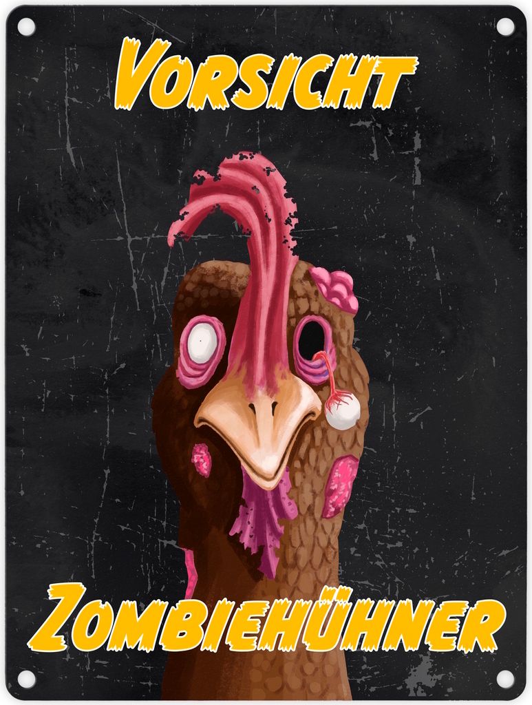 Vorsicht Zombiehuhn Metallschild in 15x20 cm in dunkelgrau