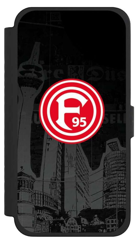 NIVOCASE Klapphülle für Apple iPhone 15 Pro Max Handyhülle aus Kunst Leder NIVOflip schwarz Fortuna Düsseldorf Logo Offizielles Lizenzprodukt
