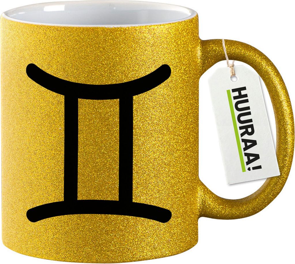Huuraa Glitzertasse Zwillinge Sternzeichen Zeichen 330ml Gold Keramik Kaffeebecher Geschenkidee