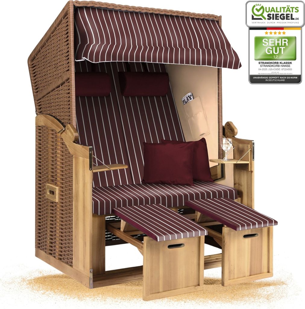 Strandkorb Ostsee 2-Sitzer 120cm breit in beige rot weiß montiert, ideal für Balkon, Terrasse oder Garten