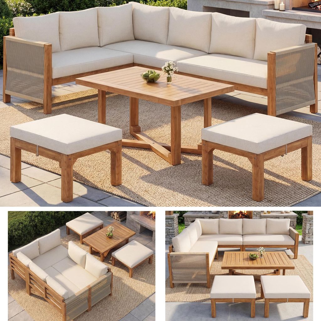 Zerbaco Gartenmöbel Set,modular,Akazienholz,6 Sitzer Ecksofa,2 Hocker,Akazien Tisch,spritzwassergeschützt,Garten,Beige