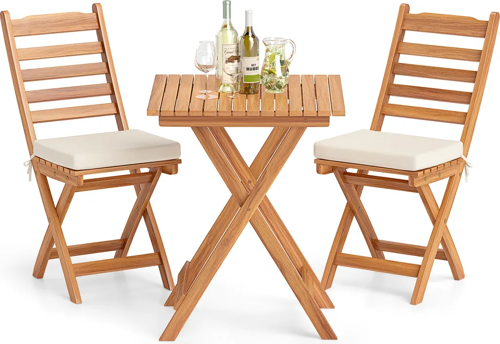 Salon de balcon COSTWAY pliable en bois avec 2 chaises et coussins gris