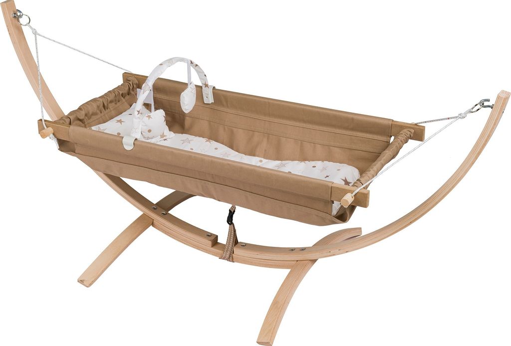 A baby hammock with a wooden stand and a mobile.