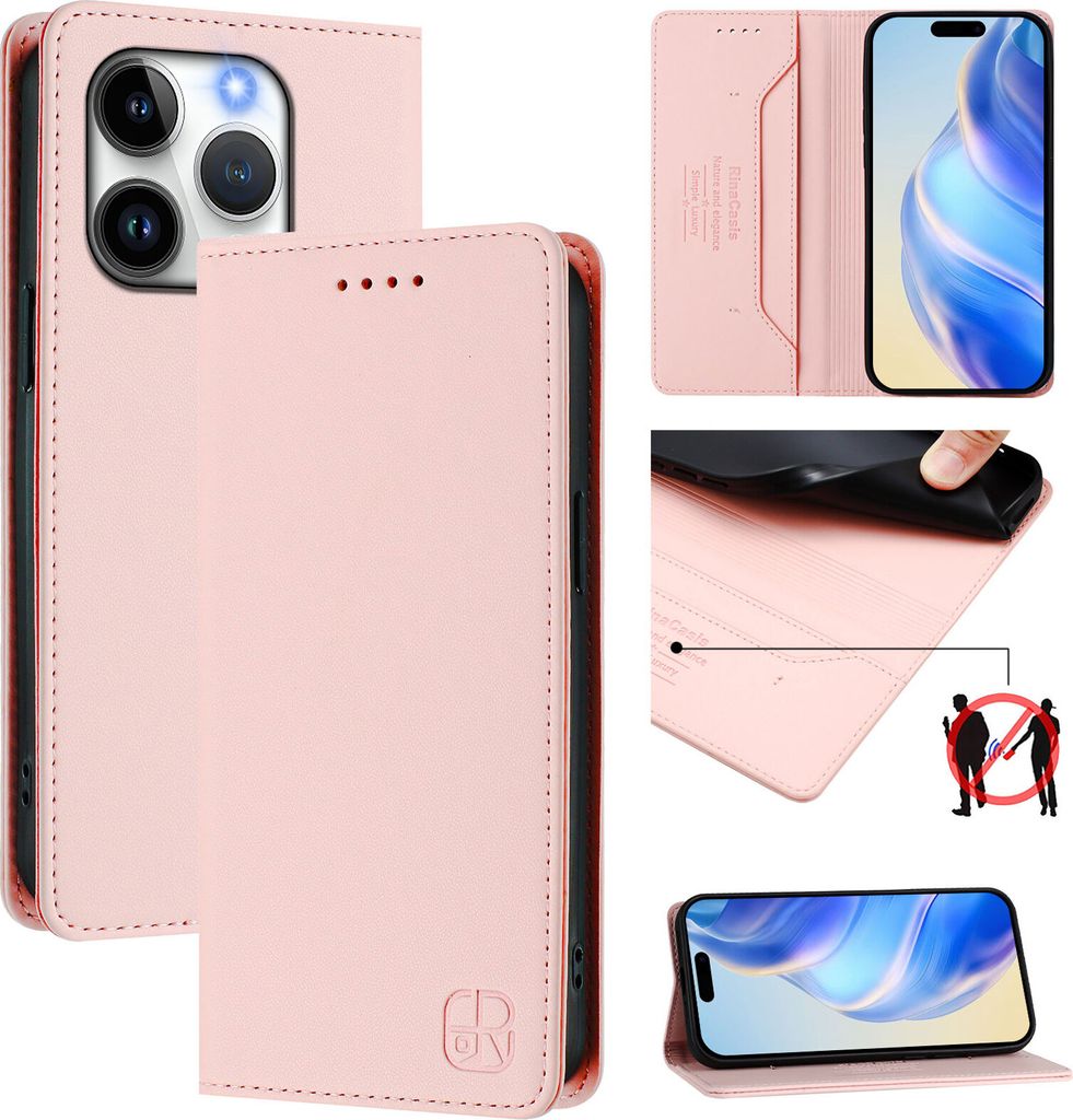 Lederhülle für iPhone 14 Pro Hülle Flip Brieftasche Kartenfächern Ständer Schutzhülle Pink