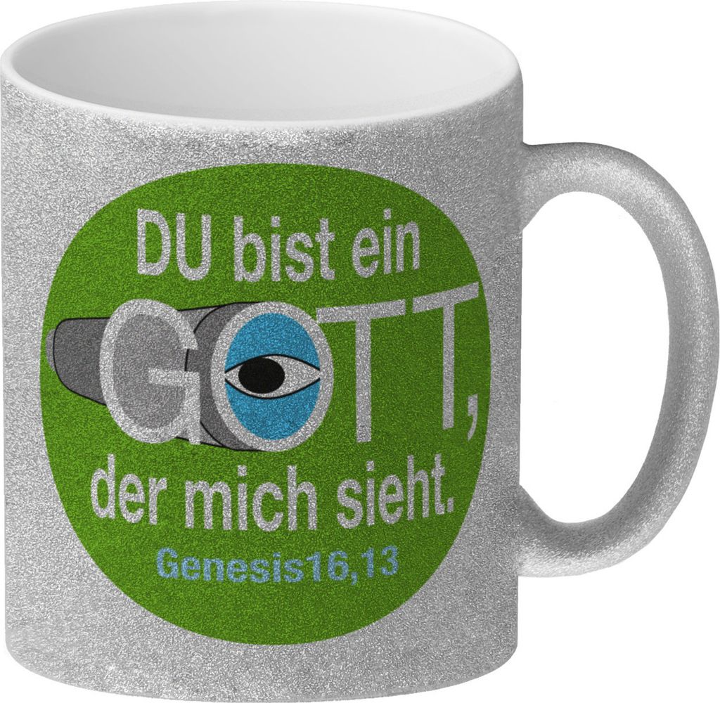 Du bist ein Gott, der mich sieht. Glitzer-Kaffeebecher mit Bibel Zitat in grün