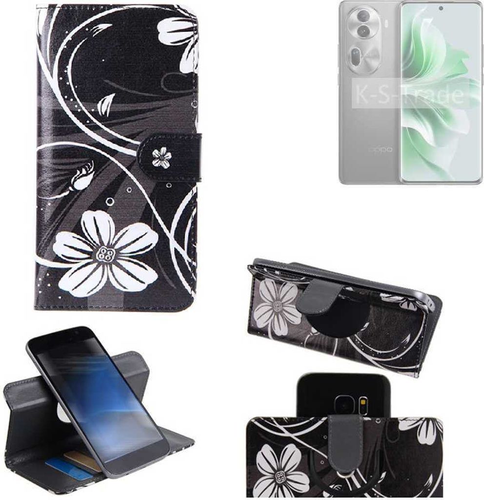 K-S-Trade Schutzhülle Handyhülle kompatibel mit Oppo Reno11 Pro Hülle 360° Wallet Case “Flowers“ Klapphülle Hülle schwarz-weiß 1x