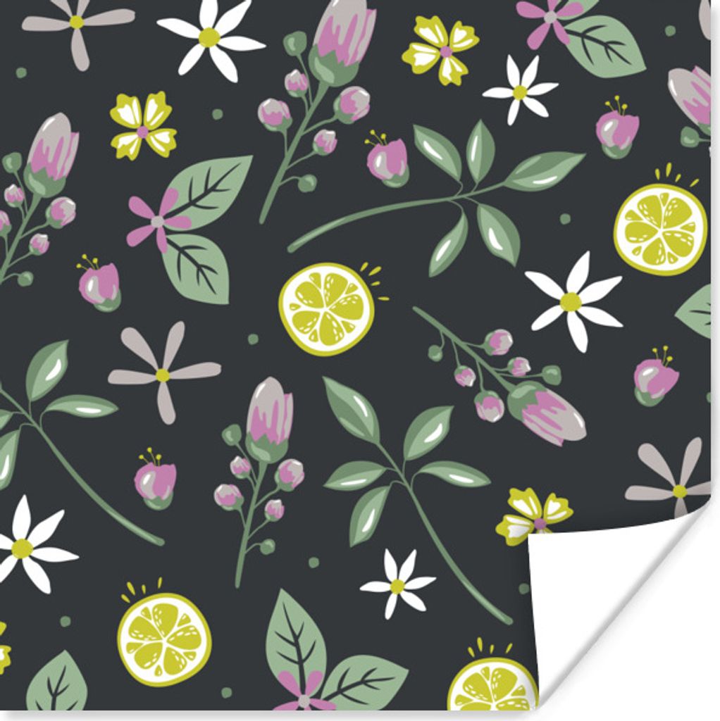 MuchoWow Poster Sommer - Blumen - Zitrusfrüchte - Schwarz 50x50 cm - Wohnzimmerdekoration