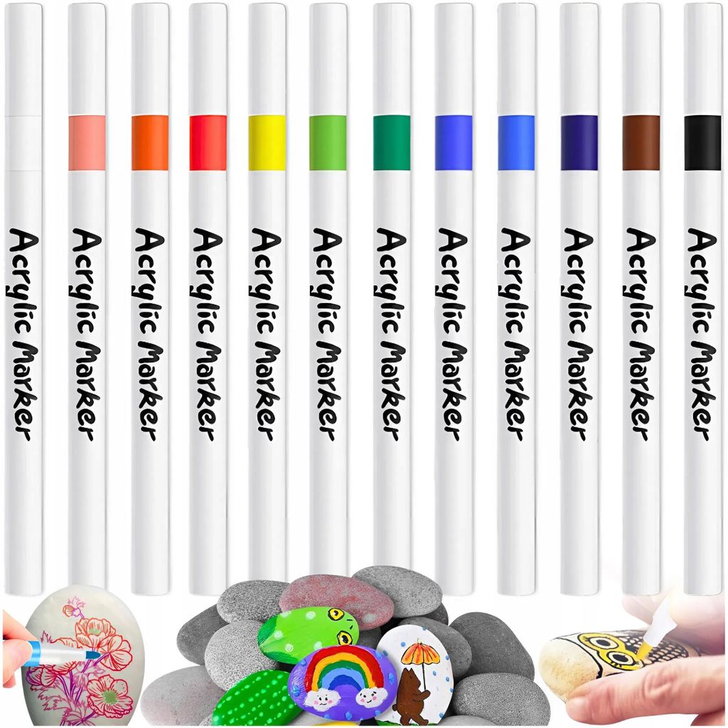 Acrylmarker 12 Farben Wasserfest Permanent Für Papier Holz Glas Stein Metall DIY Kreativ Set 1-2mm Spitze