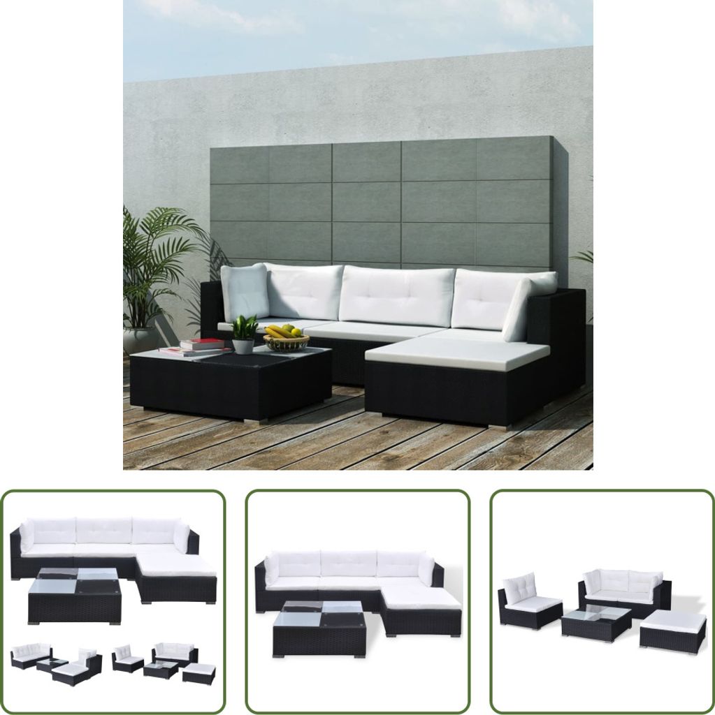 The Living Store 5-tlg. Garten-Lounge-Set mit Kissen Poly Rattan Schwarz
