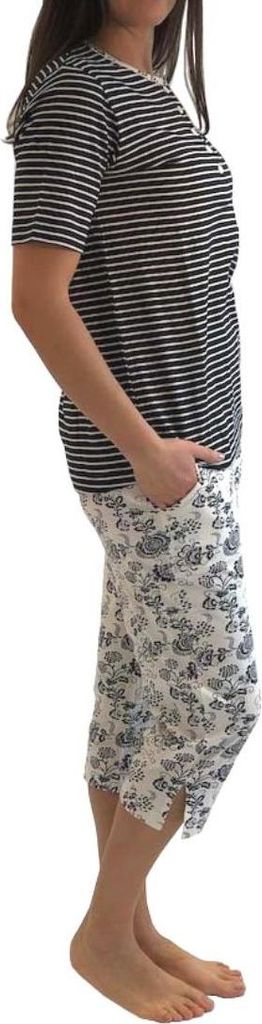 Normann Damen Capri-Pyjama kurzarm, Oberteil gestreift, Capri-Hose mit Blümchenmuster 191 204 90 881 ; marine , 36