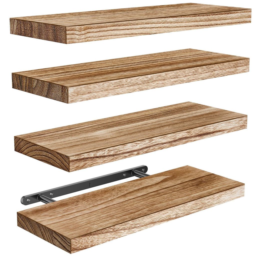 Wandregal aus Holz, 40 cm Wandregal, Küchenregal aus Paulowniaholz, schwebendes Hängeregal, Holzregal, Set mit 4 Holzregalen für Badezimmer, Sch...
