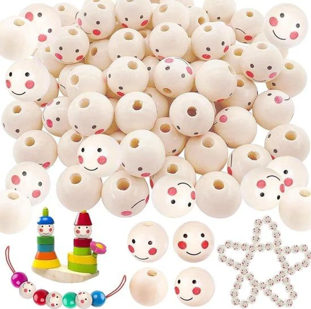 Perles visage souriant en bois 20mm, 60 grandes pièces pour créations