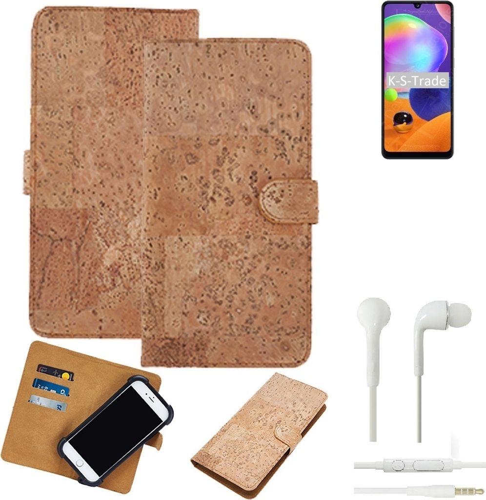 K-S-Trade Hülle kompatibel mit Samsung Galaxy A31 + in ear Kopfhörer Kork Handyhülle Cover Schutzhülle TPU Case Bumper in Hellbraun, (1x)