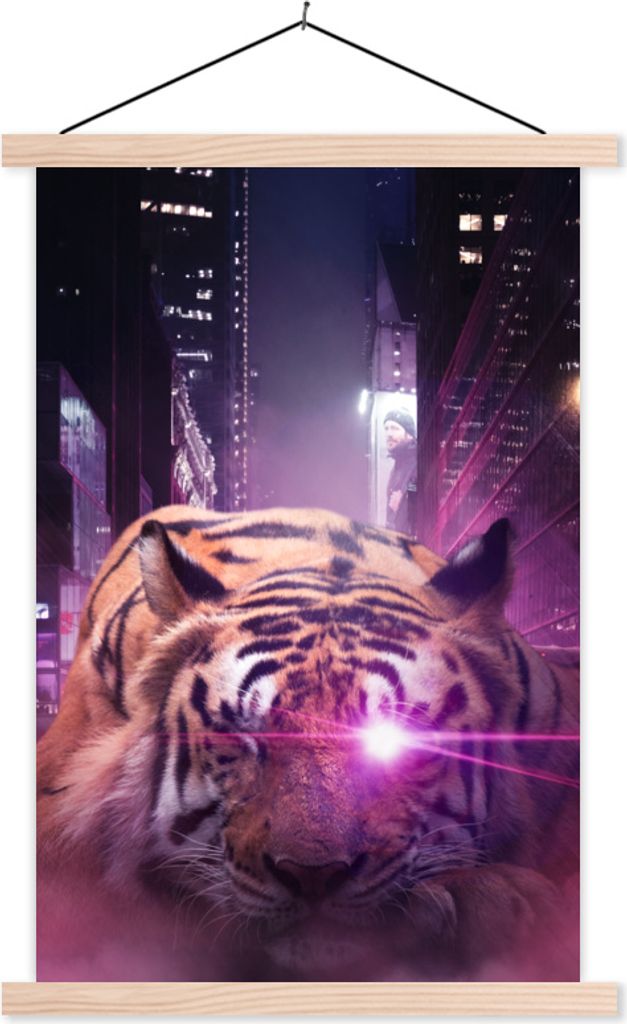 MuchoWow Textilposter Tiger - Laser - Lila 120x180 cm mit holzfarbenen Rahmen - Textil-Plakat
