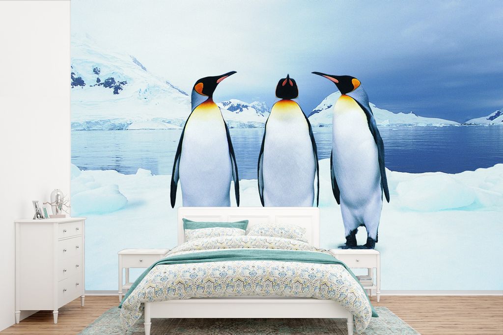 MuchoWow Fototapete für Wohnzimmer oder Schlafzimmer Wandtapete Vinyl Motivtapete Drei Königspinguine - 330x220 cm - Fototapeten