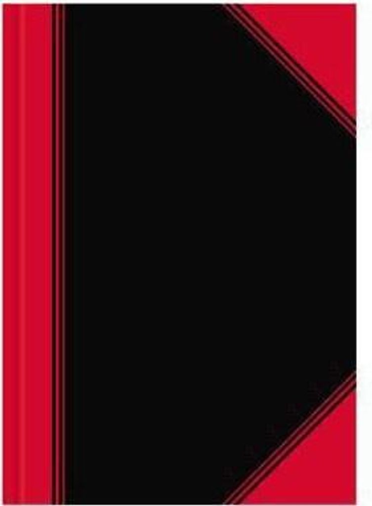 A close-up view of a black and red notebook cover.