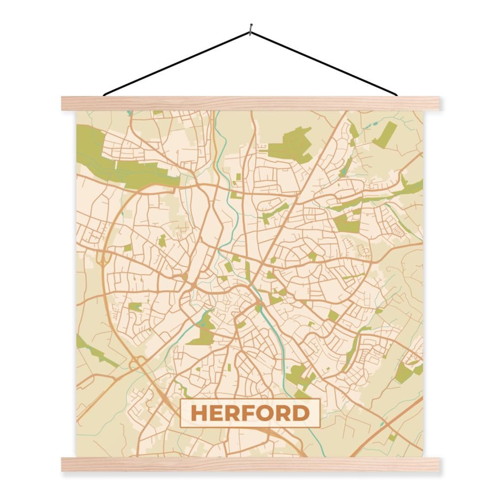 MuchoWow Textilposter Herford - Karte - Stadtplan - Vintage 120x120 cm mit holzfarbenen Rahmen - Textil-Poster