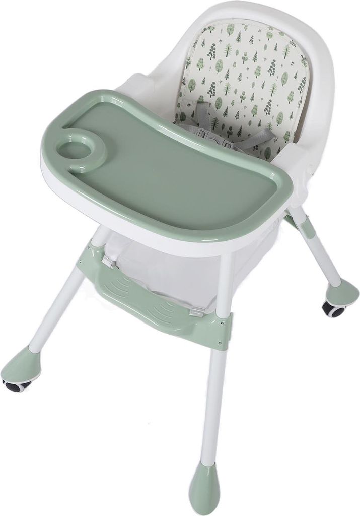 Zusammenklappbarer Baby-Hochstuhl mit doppelter Ablage, geräuschlose Räder, verstellbare, platzsparende Fütterungshöhe, Grün