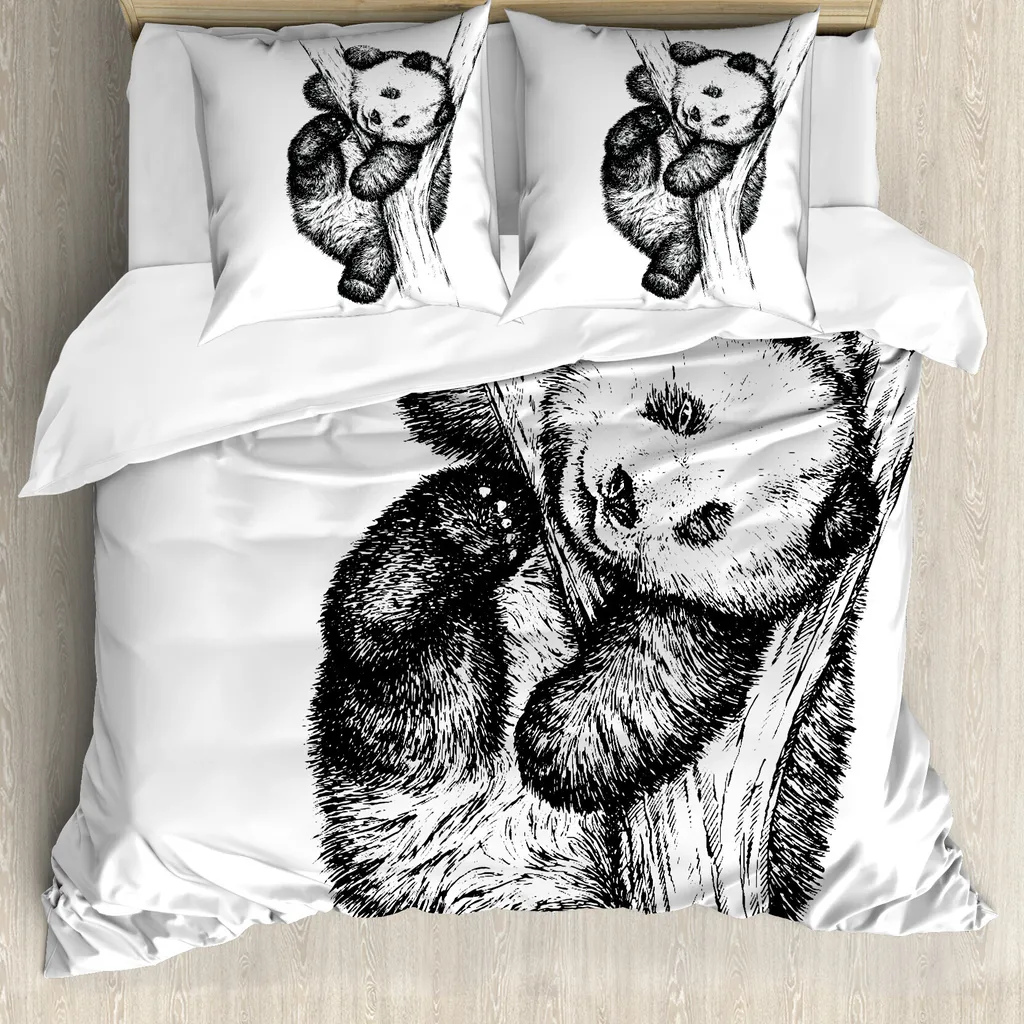 ABAKUHAUS Copripiumino per animali domestici, piccolo panda, antiacaro, adatto a chi soffre di allergie, con federe, 200 cm x 200 cm - 80 x 80 cm, bianco e nero
