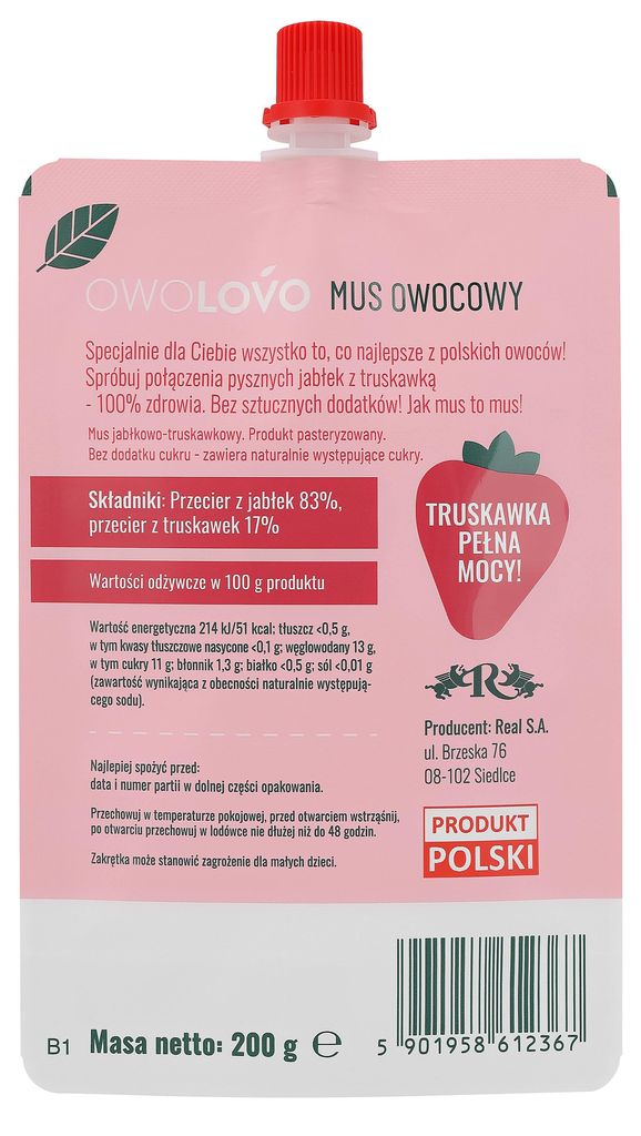 Mus jabłkowo-truskawkowy 200g * TRUSKAWKOWO OWOLOVO Zdjęcie produktu 