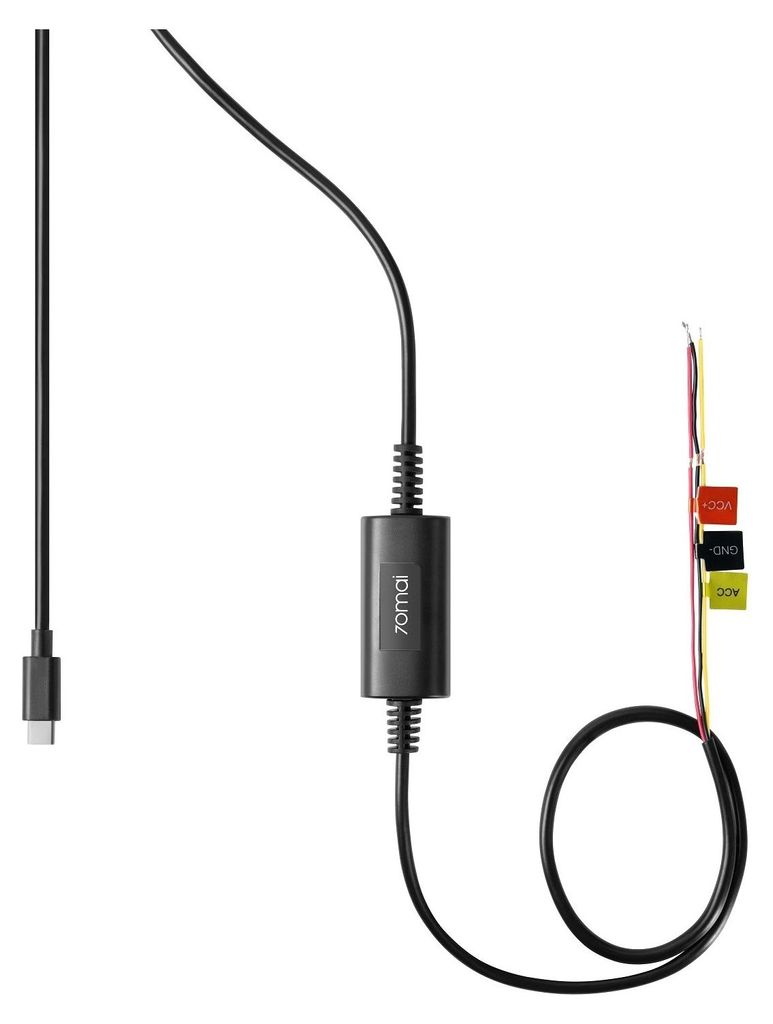 A black USB-C cable with a small black inline module and exposed wires with colored labels.