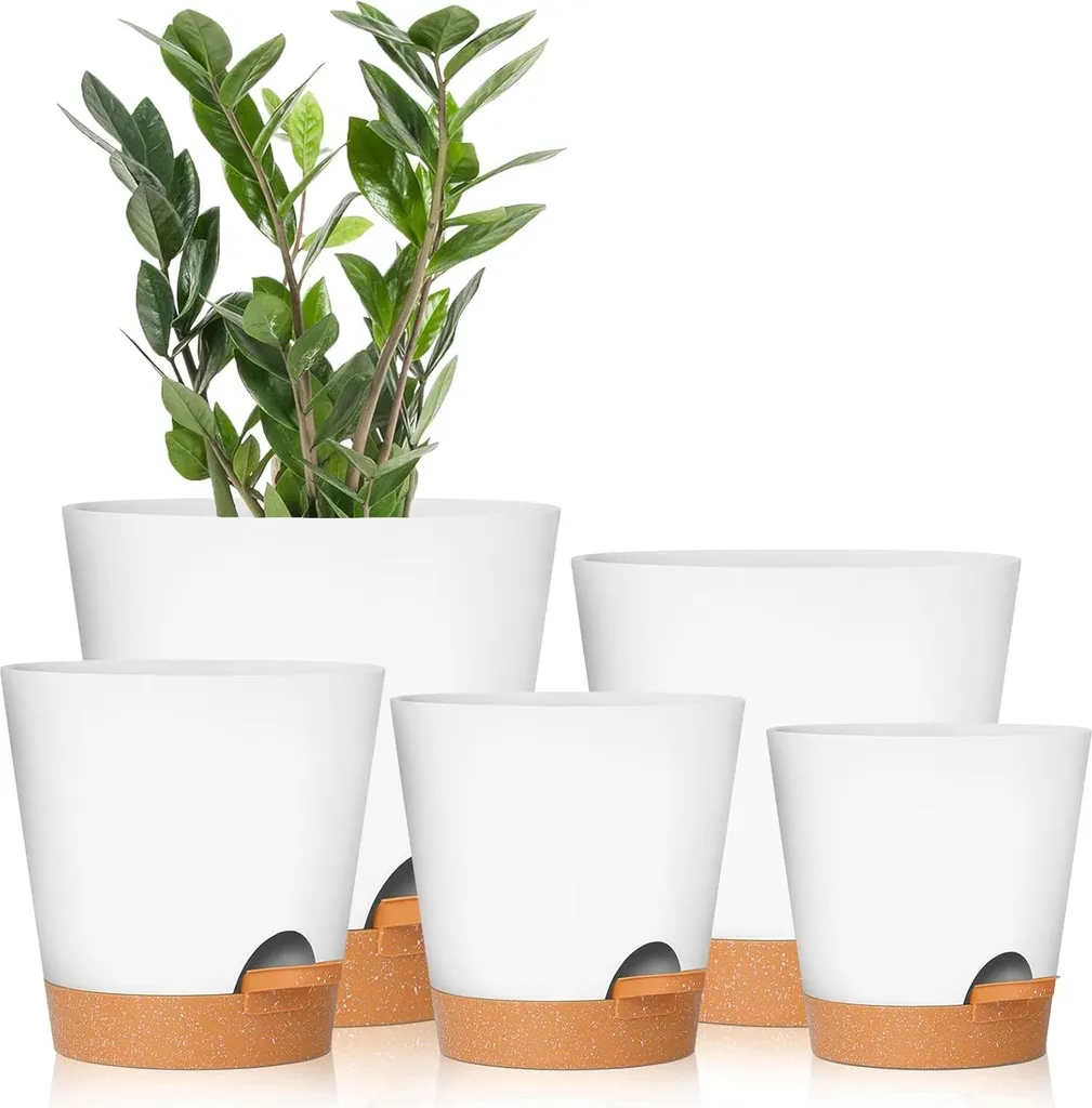 Pot de fleur auto-arrosant blanc avec système de drainage intégré 65"