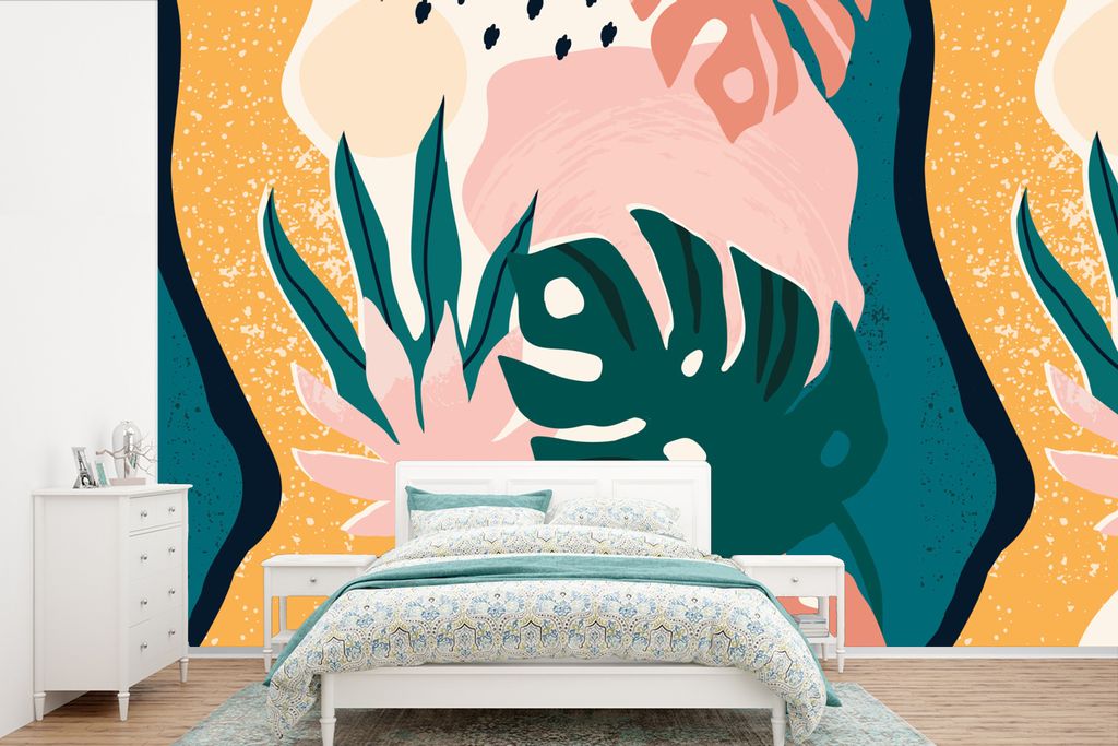 MuchoWow Fototapete für Wohnzimmer oder Schlafzimmer Wandtapete Vinyl Motivtapete Blätter - Farben - Muster - 360x240 cm - Vinyl-Tapete