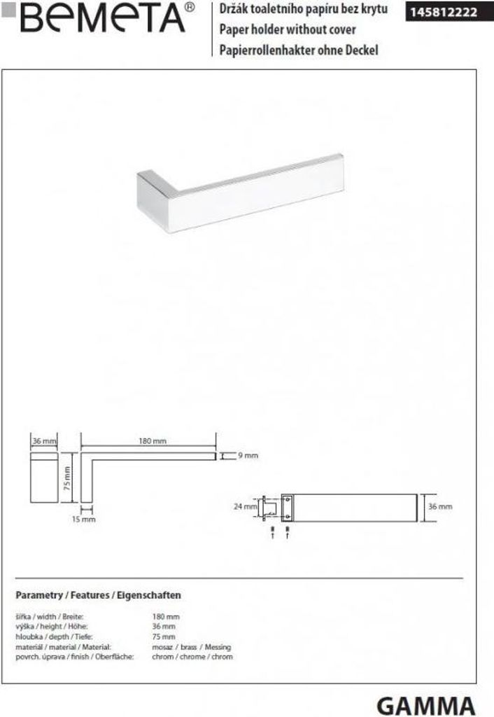 GAMMA Wand-Toilettenpapierhalter aus verchromtem Messing 18 x7,5 x3,6 cm BEMETA