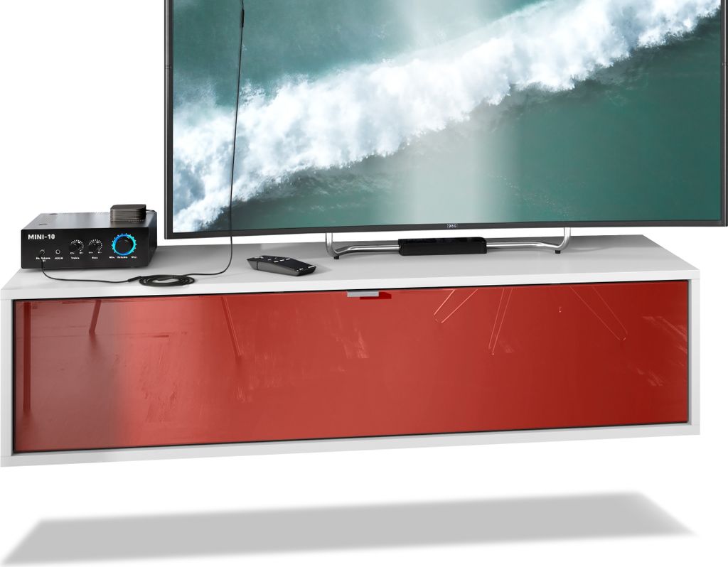 Vladon TV Board Lana 120 Hängeschrank Lowboard 120 x 29 x 37 cm, Germany, Korpus in Weiß matt, Fronten in Bordeaux Hochglanz | Große Farbauswahl