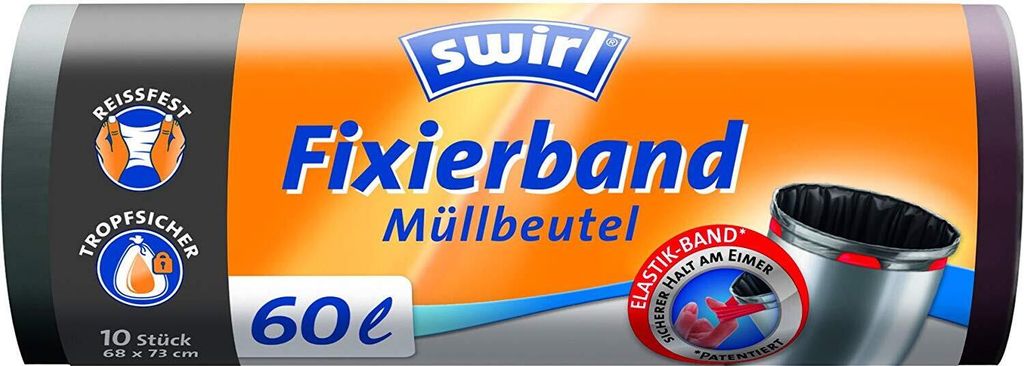 swirl Mülleimerbeutel mit Fixierband schwarz 60 Liter 10 Beutel