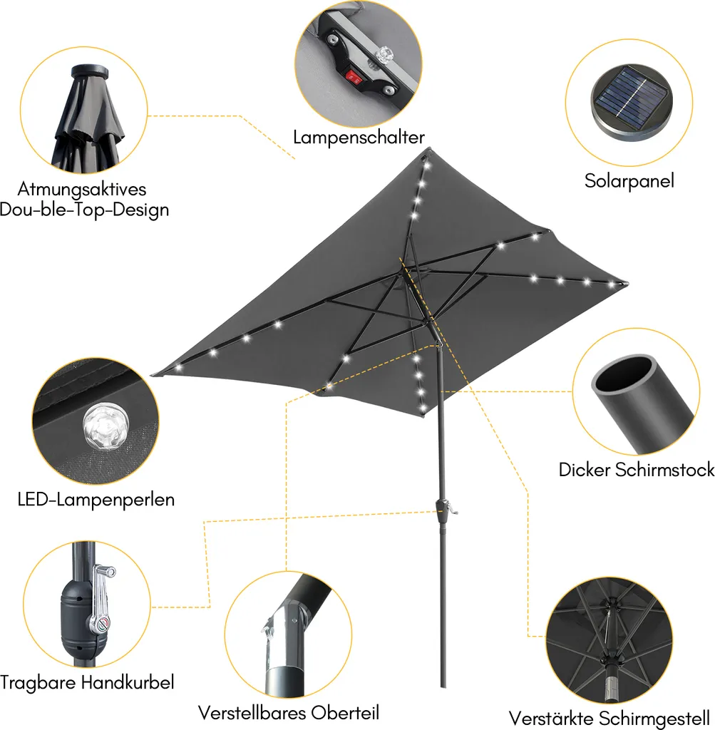 Ombrellone Bettizia 1.4x2.1m LED: Parasole da Balcone Inclinabile Grigio - 5