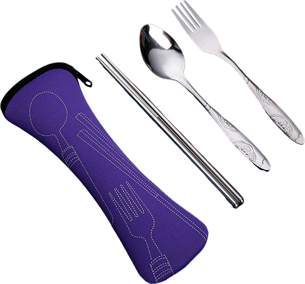 Besteckset mit Reißverschlusstasche, Reiseutensilien-Set aus Edelstahl, Gabel, Löffel, Essstäbchen, langlebige Aufbewahrungstasche für Zuhause,...