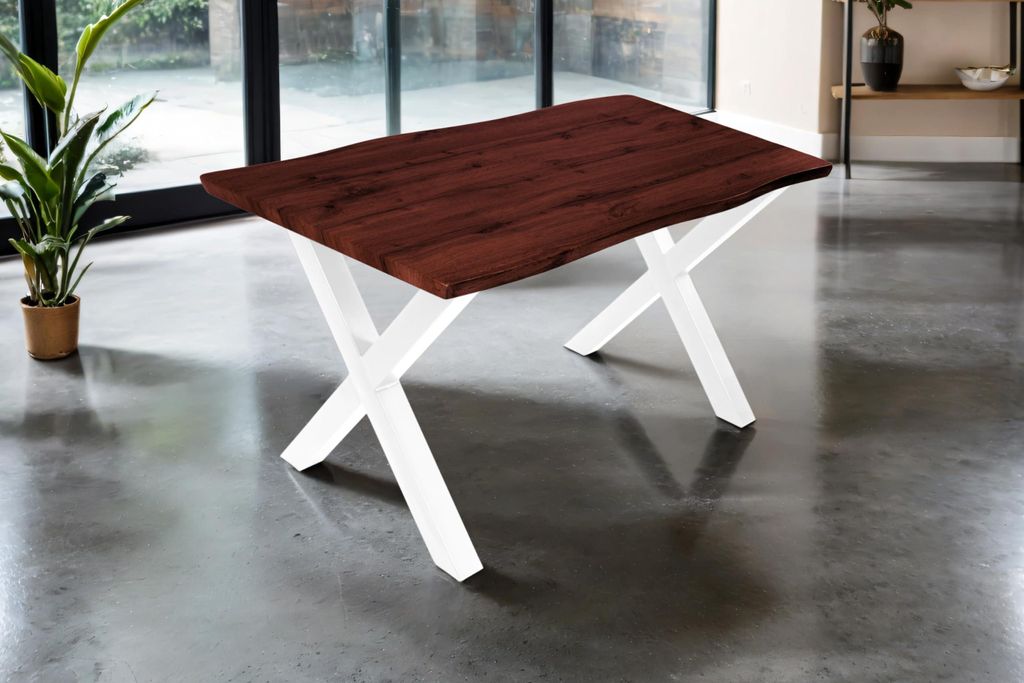 Esstisch Josy | 140 x 80 cm | Holz Nussbaum-Optik | X-Gestell Metall weiß | 40 mm Tischplatte mit Baumkante | Tisch für Esszimmer & Küche