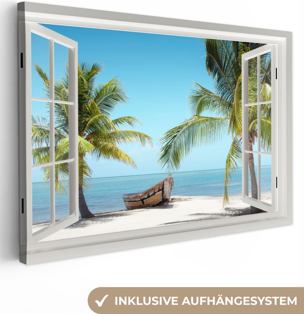 Leinwand Bilder 120x80 cm - Fensterblick - Palme - Boot - Produktbild 