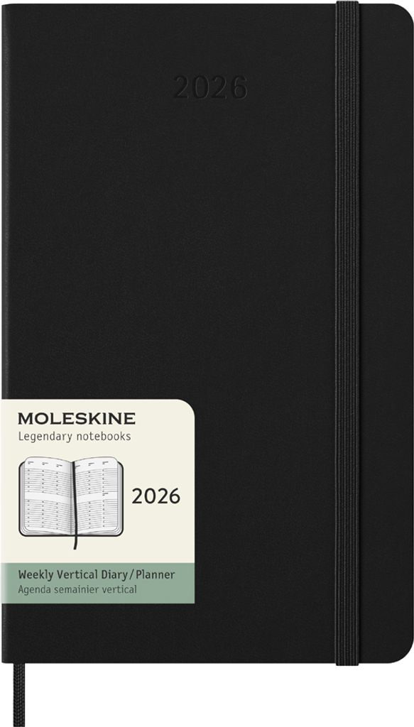 A black Moleskine diary for 2026 is shown closed, with an elastic band holding it shut. A label is attached to the front cover.